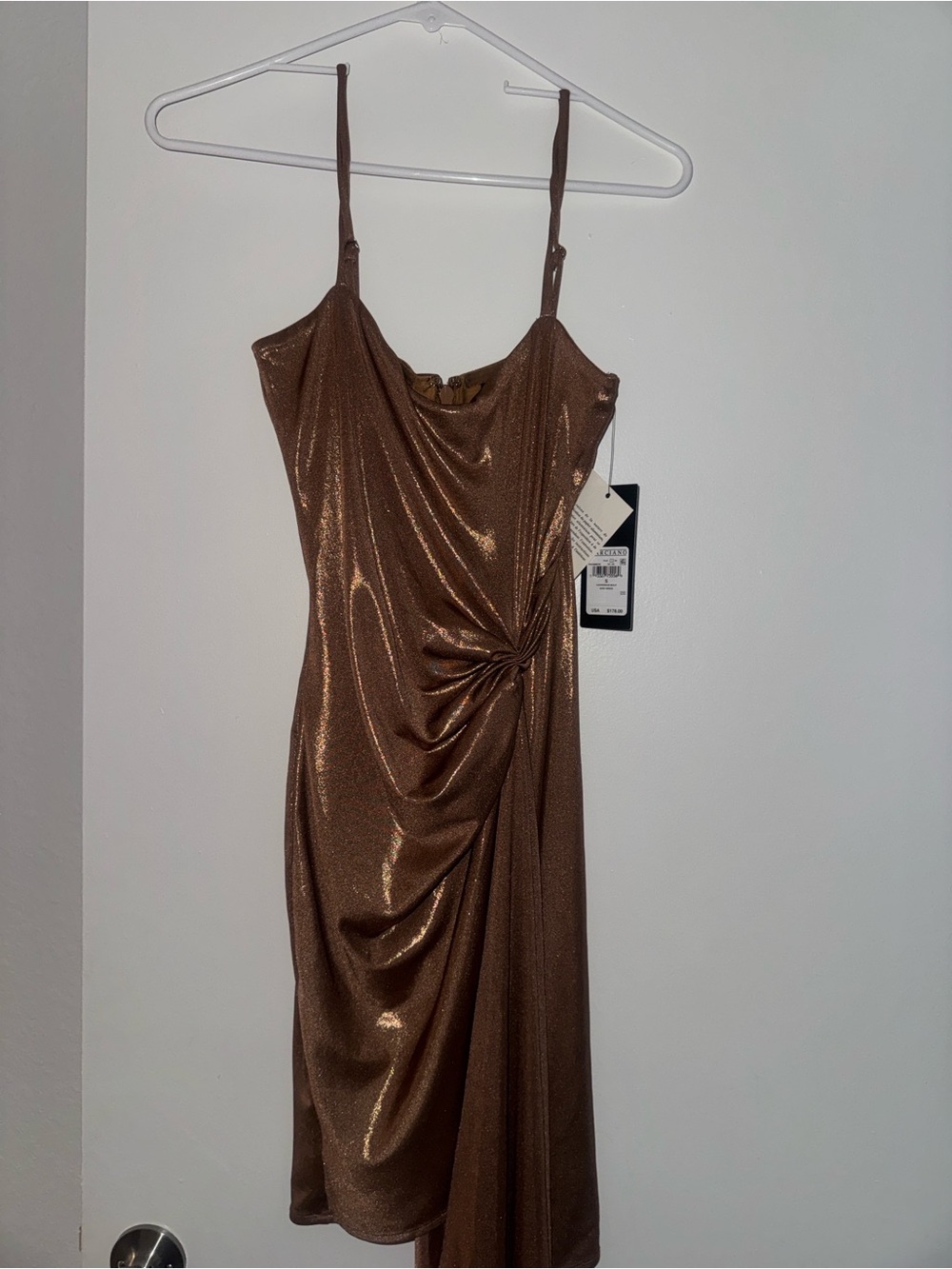 Guess by Marciano Metallic Brown Asymmetrical Ruched Slip Dress